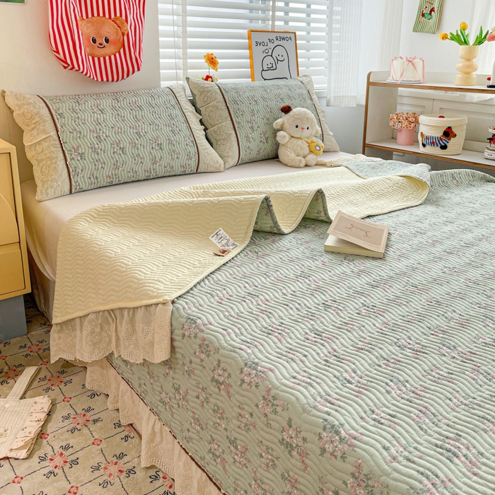 91家纺网 家纺一手货源 找家纺 岚吉家纺 2026年新款A类法式全棉花边床盖三件套四件套 丽莎-绿