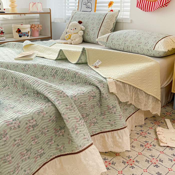 91家纺网 家纺一手货源 找家纺 岚吉家纺 2026年新款A类法式全棉花边床盖三件套四件套 丽莎-绿