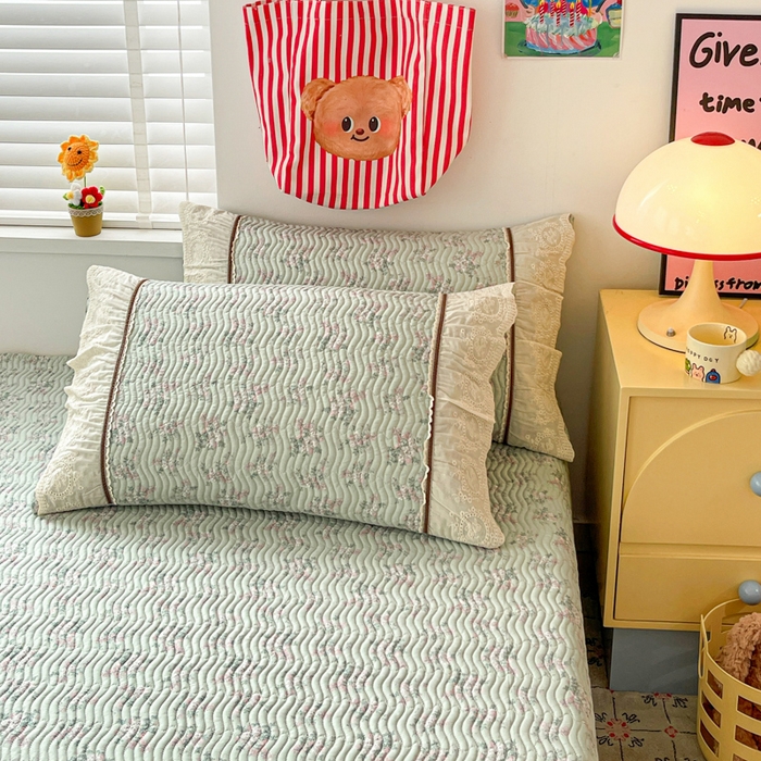 91家纺网 家纺一手货源 找家纺 岚吉家纺 2026年新款A类法式全棉花边床盖三件套四件套 丽莎-绿