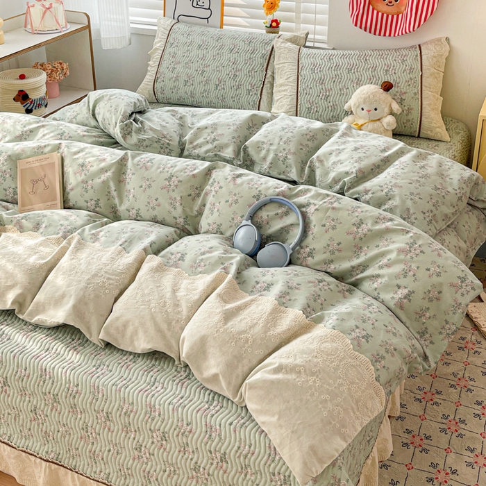 91家纺网 家纺一手货源 找家纺 岚吉家纺 2026年新款A类法式全棉花边床盖三件套四件套 丽莎-绿