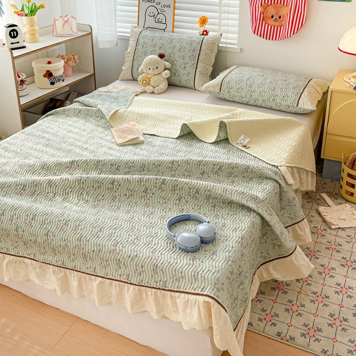 91家纺网 家纺一手货源 找家纺 岚吉家纺 2026年新款A类法式全棉花边床盖三件套四件套 丽莎-绿