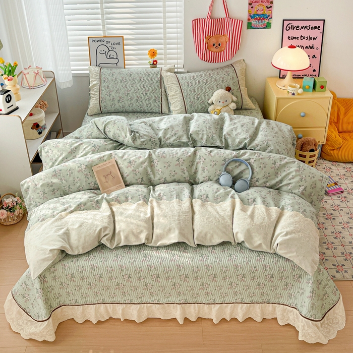 岚吉家纺 2026年新款A类法式全棉花边床盖三件套四件套 丽莎-绿