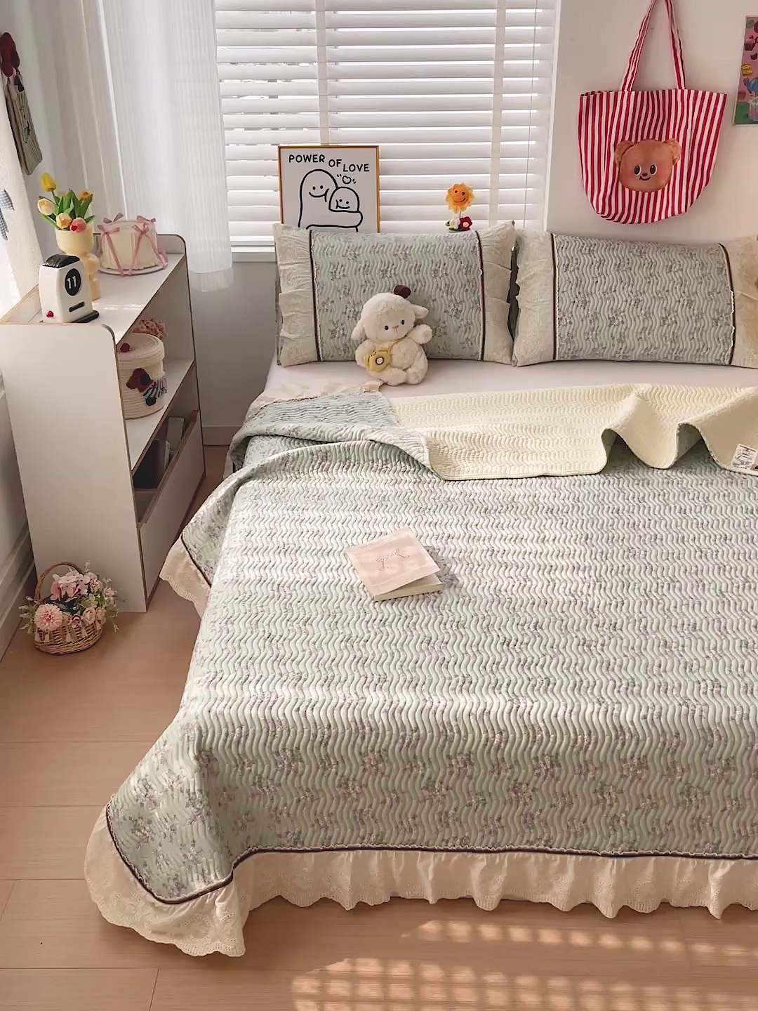 91家纺网 家纺一手货源 找家纺 岚吉家纺 2026年新款A类法式全棉花边床盖三件套四件套 丽莎-绿