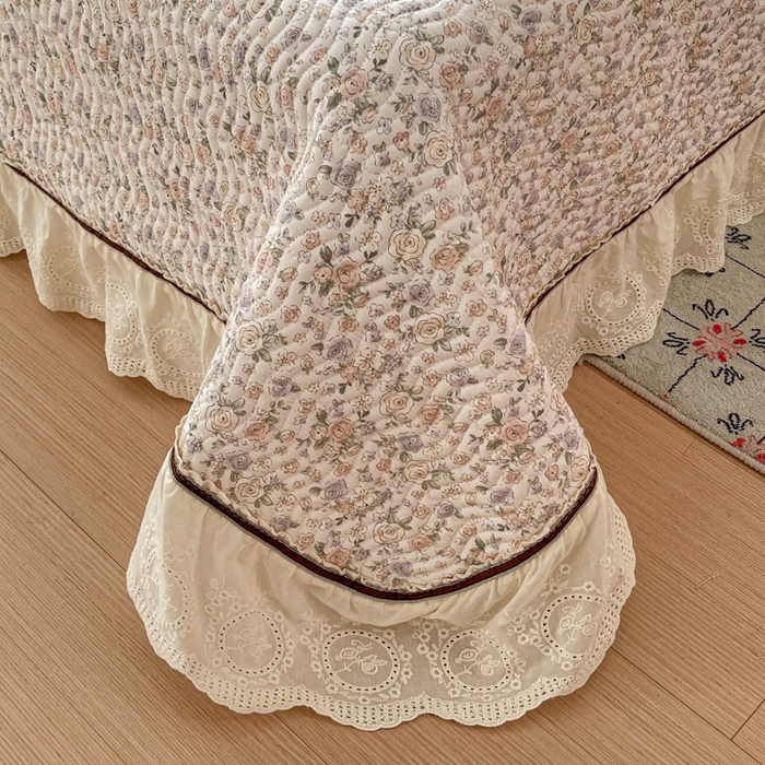 91家纺网 家纺一手货源 找家纺 岚吉家纺 2026年新款A类法式全棉花边床盖三件套四件套 露华浓-咖