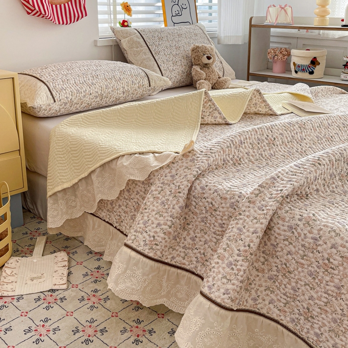 91家纺网 家纺一手货源 找家纺 岚吉家纺 2026年新款A类法式全棉花边床盖三件套四件套 露华浓-咖