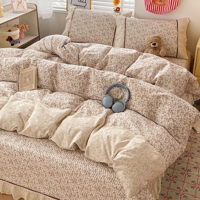 91家纺网 家纺一手货源 找家纺 岚吉家纺 2026年新款A类法式全棉花边床盖三件套四件套 露华浓-咖