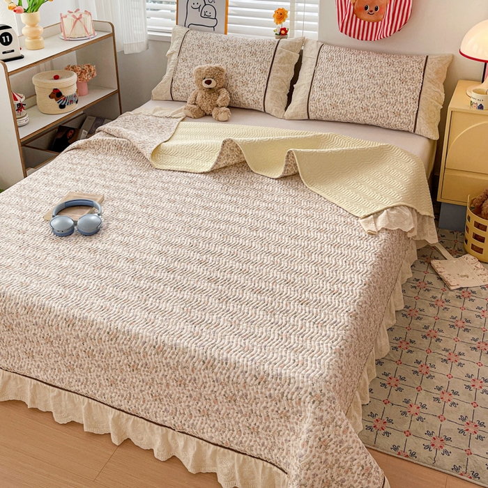 91家纺网 家纺一手货源 找家纺 岚吉家纺 2026年新款A类法式全棉花边床盖三件套四件套 露华浓-咖