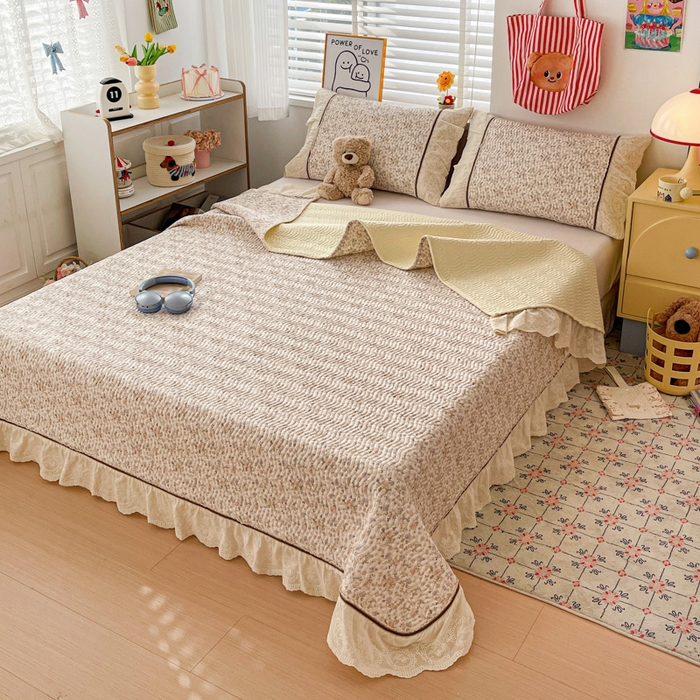 91家纺网 家纺一手货源 找家纺 岚吉家纺 2026年新款A类法式全棉花边床盖三件套四件套 露华浓-咖