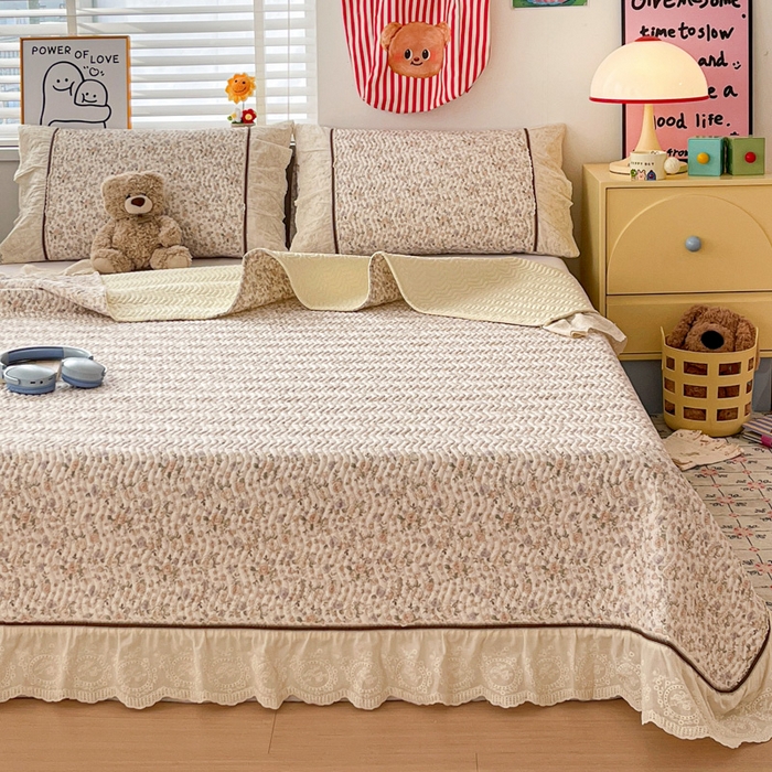 91家纺网 家纺一手货源 找家纺 岚吉家纺 2026年新款A类法式全棉花边床盖三件套四件套 露华浓-咖