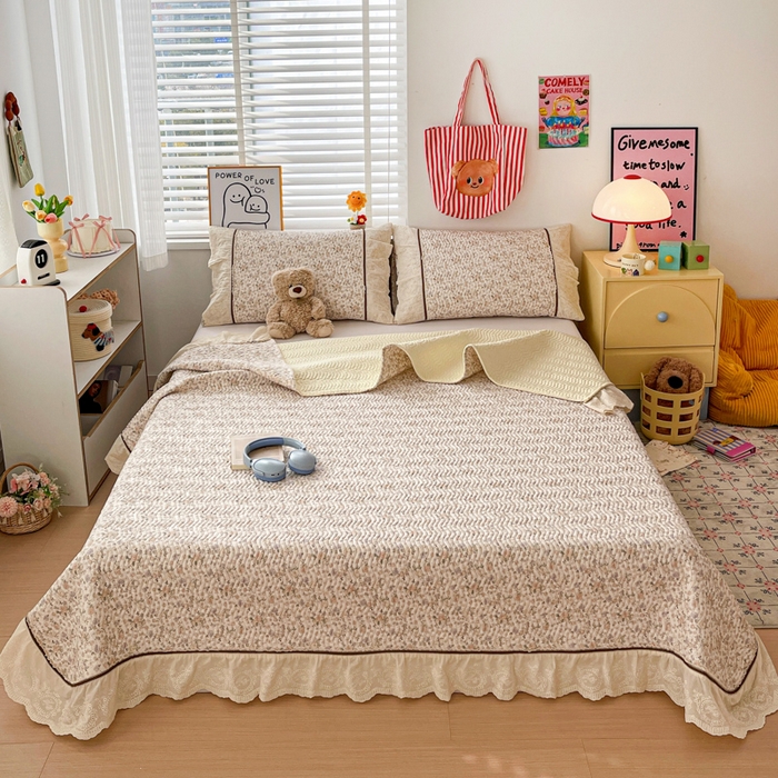 91家纺网 家纺一手货源 找家纺 岚吉家纺 2026年新款A类法式全棉花边床盖三件套四件套 露华浓-咖