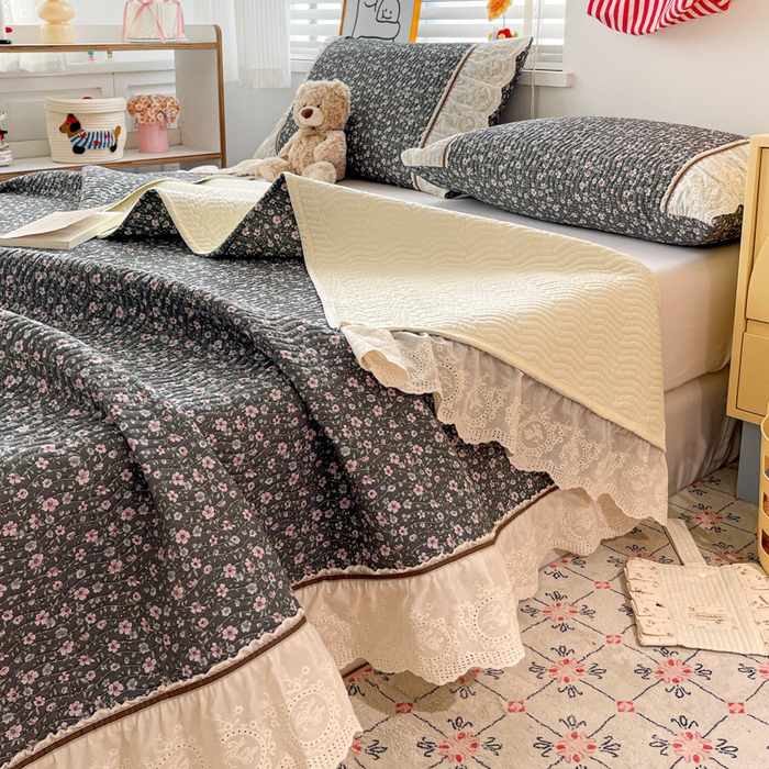 91家纺网 家纺一手货源 找家纺 岚吉家纺 2026年新款A类法式全棉花边床盖三件套四件套 梅溪渡-灰