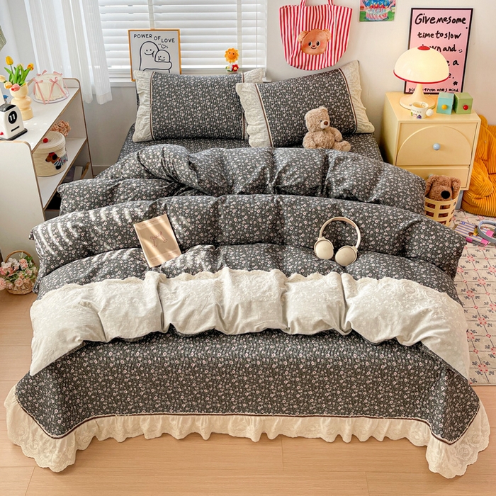 岚吉家纺 2026年新款A类法式全棉花边床盖三件套四件套 梅溪渡-灰