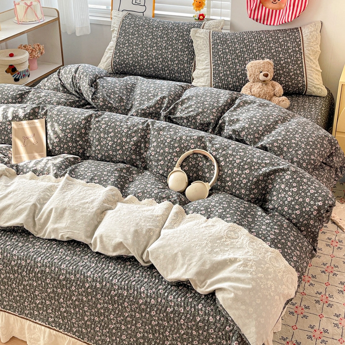 91家纺网 家纺一手货源 找家纺 岚吉家纺 2026年新款A类法式全棉花边床盖三件套四件套 梅溪渡-灰