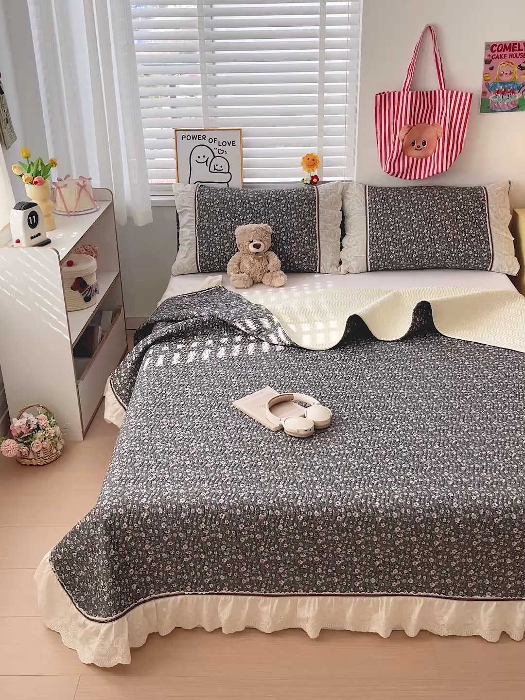 91家纺网 家纺一手货源 找家纺 岚吉家纺 2026年新款A类法式全棉花边床盖三件套四件套 梅溪渡-灰