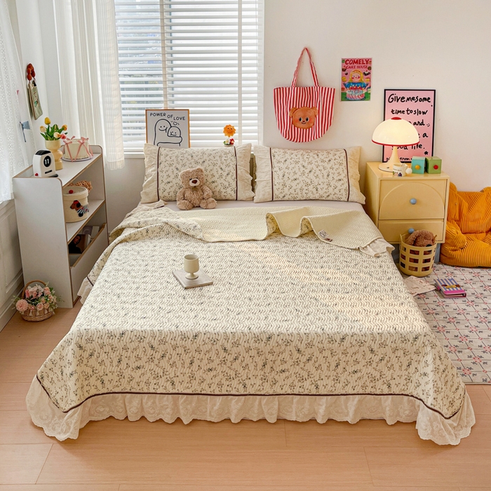 91家纺网 家纺一手货源 找家纺 岚吉家纺 2026年新款A类法式全棉花边床盖三件套四件套 暮色