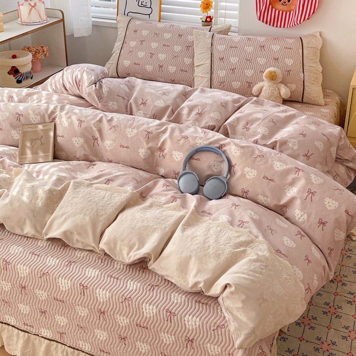 91家纺网 家纺一手货源 找家纺 岚吉家纺 2026年新款A类法式全棉花边床盖三件套四件套 心结-粉