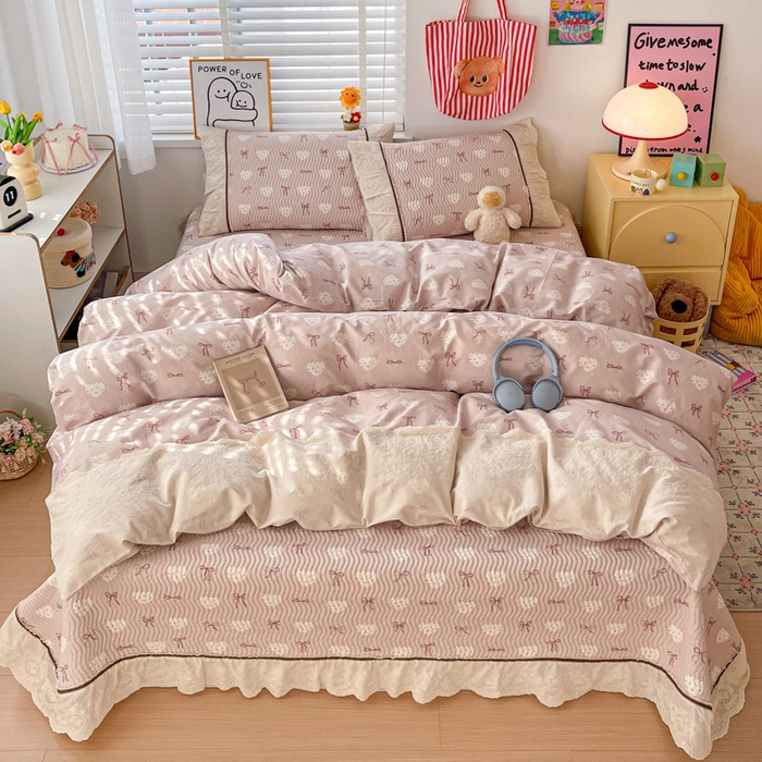 岚吉家纺 2026年新款A类法式全棉花边床盖三件套四件套 心结-粉