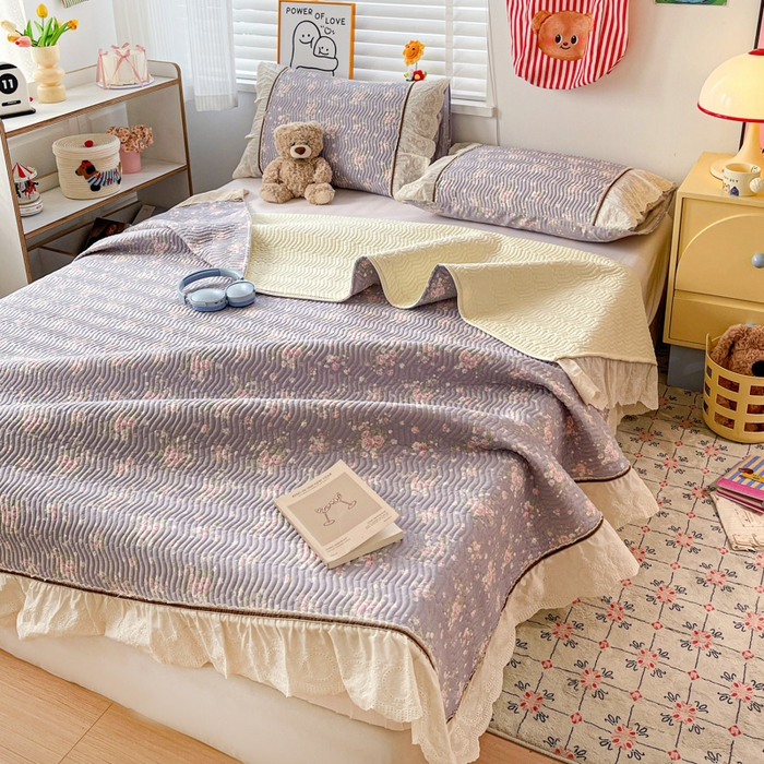 91家纺网 家纺一手货源 找家纺 岚吉家纺 2026年新款A类法式全棉花边床盖三件套四件套 雨蝶-紫