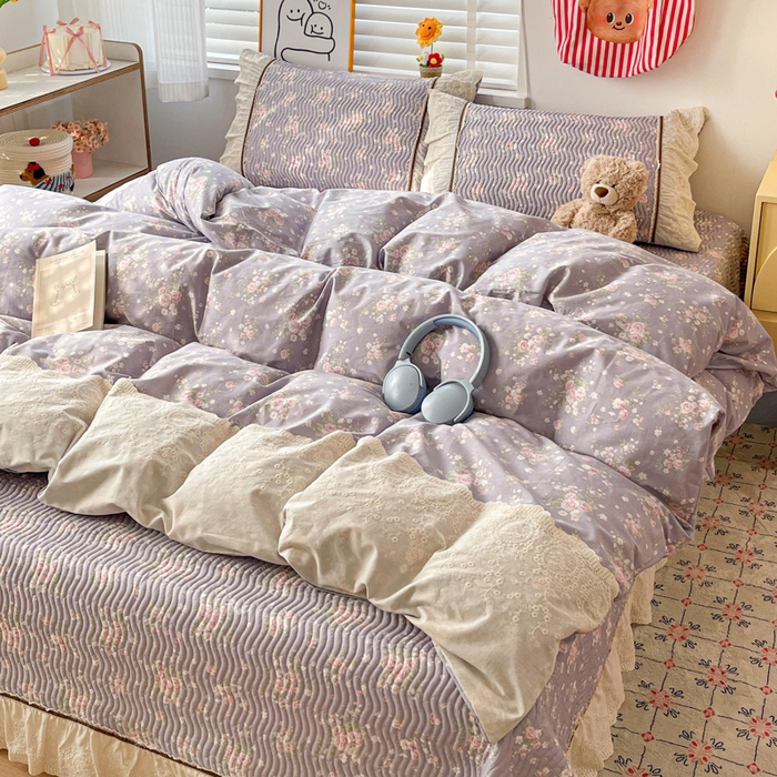 91家纺网 家纺一手货源 找家纺 岚吉家纺 2026年新款A类法式全棉花边床盖三件套四件套 雨蝶-紫