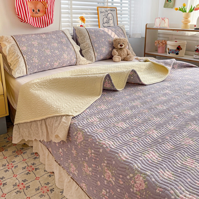 91家纺网 家纺一手货源 找家纺 岚吉家纺 2026年新款A类法式全棉花边床盖三件套四件套 雨蝶-紫