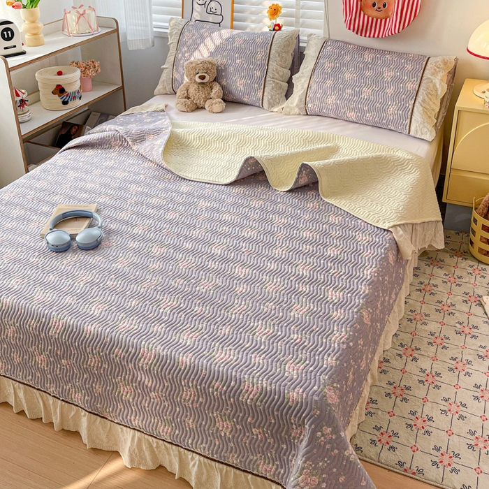 91家纺网 家纺一手货源 找家纺 岚吉家纺 2026年新款A类法式全棉花边床盖三件套四件套 雨蝶-紫