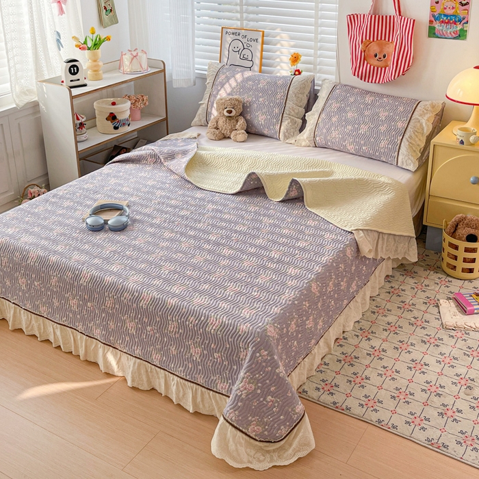 91家纺网 家纺一手货源 找家纺 岚吉家纺 2026年新款A类法式全棉花边床盖三件套四件套 雨蝶-紫