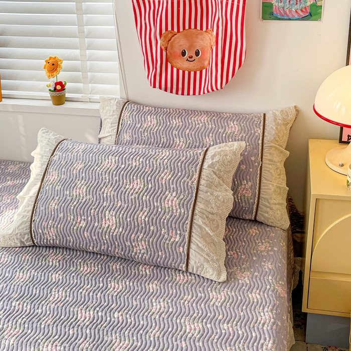 91家纺网 家纺一手货源 找家纺 岚吉家纺 2026年新款A类法式全棉花边床盖三件套四件套 雨蝶-紫