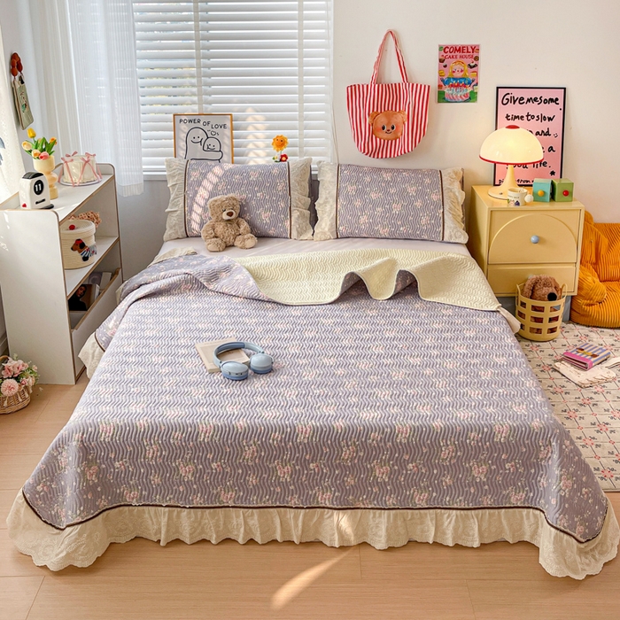 91家纺网 家纺一手货源 找家纺 岚吉家纺 2026年新款A类法式全棉花边床盖三件套四件套 雨蝶-紫