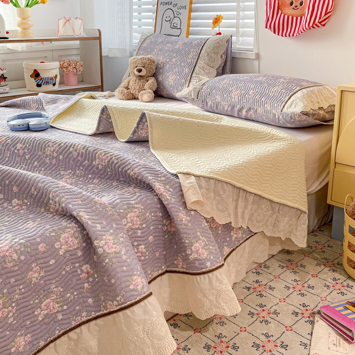 91家纺网 家纺一手货源 找家纺 岚吉家纺 2026年新款A类法式全棉花边床盖三件套四件套 雨蝶-紫