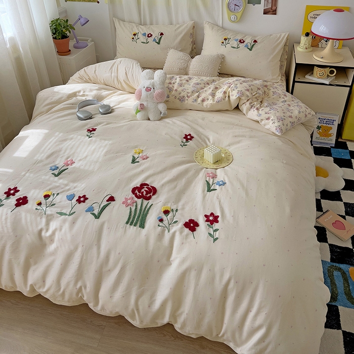 91家纺网 家纺一手货源 找家纺 乐窝家纺仓储 2026新款A类母婴级13370全棉纯棉毛巾绣四件套学生宿舍三件套单床单被套 山花漫