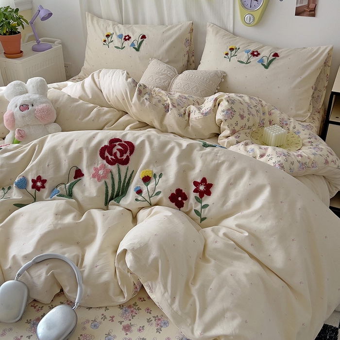 91家纺网 家纺一手货源 找家纺 乐窝家纺仓储 2026新款A类母婴级13370全棉纯棉毛巾绣四件套学生宿舍三件套单床单被套 山花漫