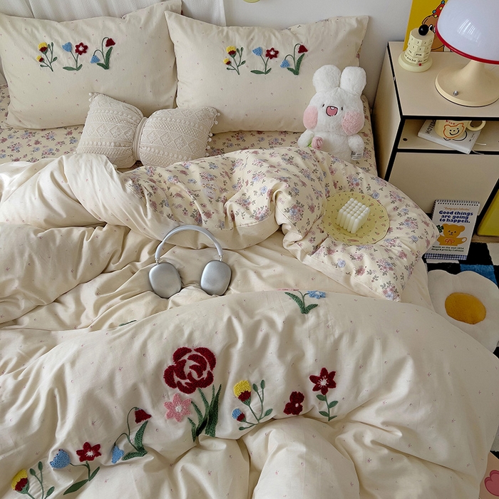 91家纺网 家纺一手货源 找家纺 乐窝家纺仓储 2026新款A类母婴级13370全棉纯棉毛巾绣四件套学生宿舍三件套单床单被套 山花漫