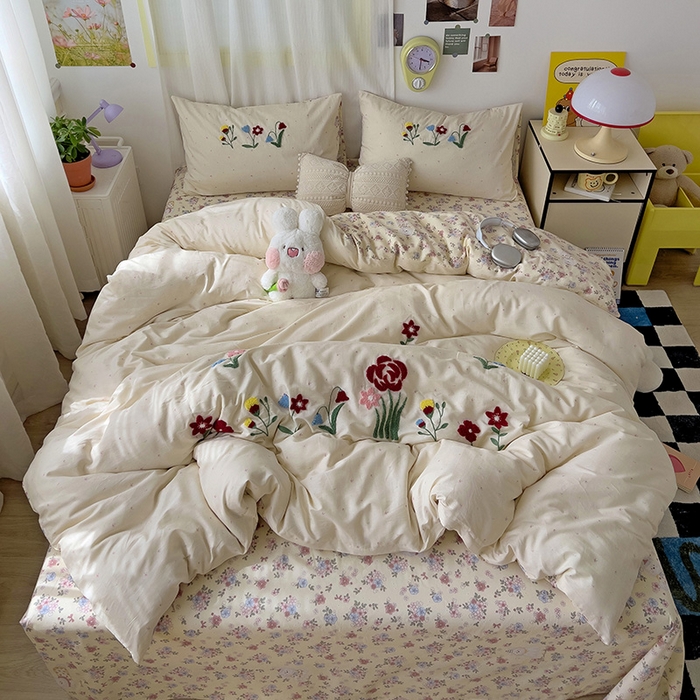 91家纺网 家纺一手货源 找家纺 乐窝家纺仓储 2026新款A类母婴级13370全棉纯棉毛巾绣四件套学生宿舍三件套单床单被套 山花漫