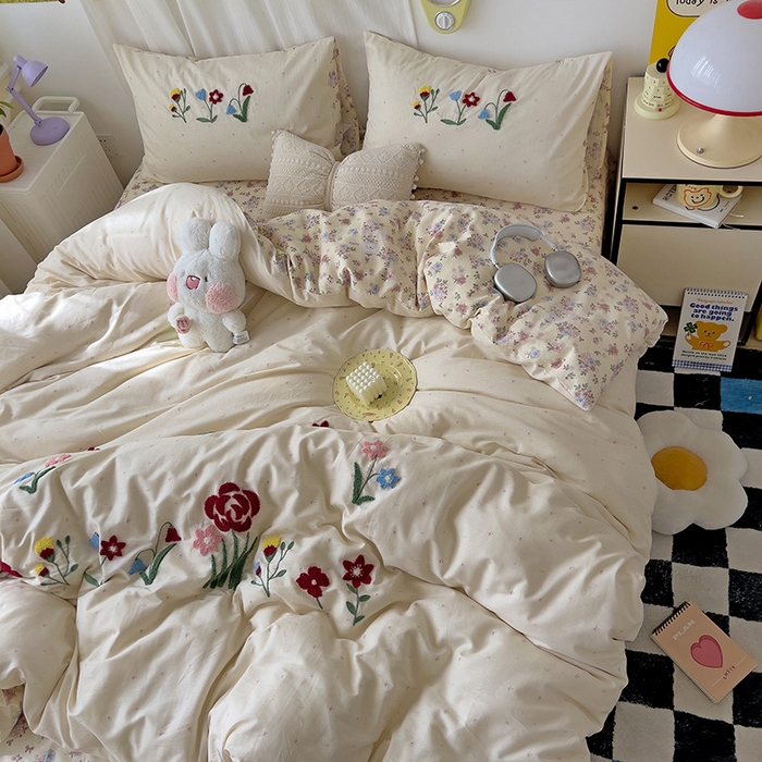 91家纺网 家纺一手货源 找家纺 乐窝家纺仓储 2026新款A类母婴级13370全棉纯棉毛巾绣四件套学生宿舍三件套单床单被套 山花漫