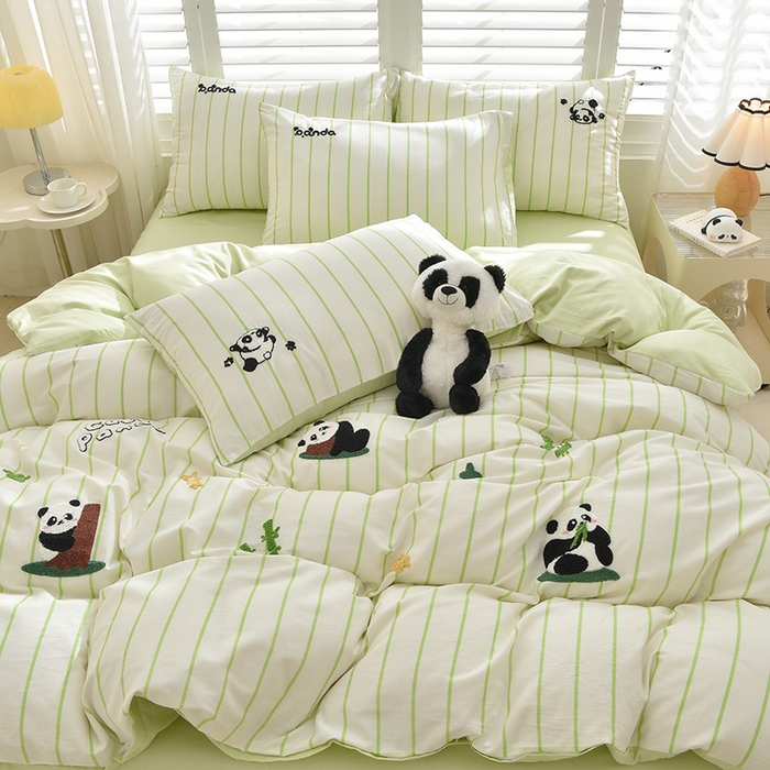乐窝家纺仓储 2026新款A类母婴级13370全棉纯棉毛巾绣四件套学生宿舍三件套单床单被套 熊猫乐园