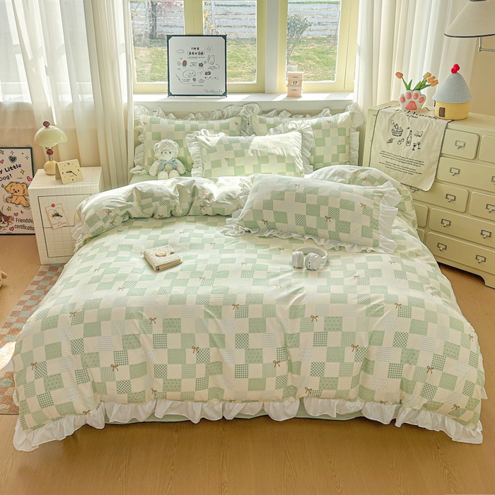 91家纺网 家纺一手货源 找家纺 逸尚阁家纺 2026新款水洗仿棉印花花边四件套-终版 蝴蝶结格圈