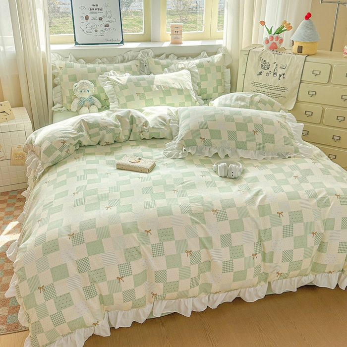 91家纺网 家纺一手货源 找家纺 逸尚阁家纺 2026新款水洗仿棉印花花边四件套-终版 蝴蝶结格圈