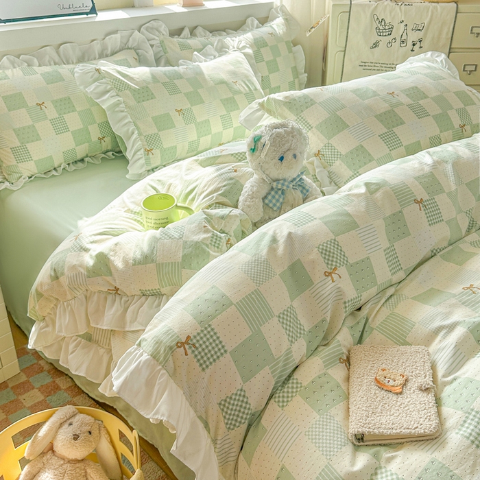 91家纺网 家纺一手货源 找家纺 逸尚阁家纺 2026新款水洗仿棉印花花边四件套-终版 蝴蝶结格圈