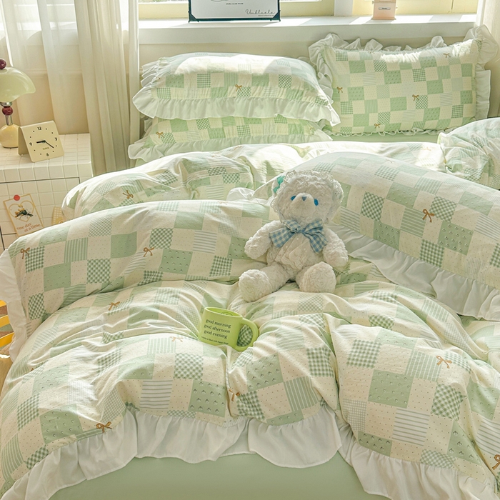 91家纺网 家纺一手货源 找家纺 逸尚阁家纺 2026新款水洗仿棉印花花边四件套-终版 蝴蝶结格圈