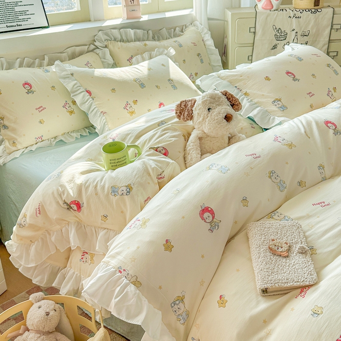 91家纺网 家纺一手货源 找家纺 逸尚阁家纺 2026新款水洗仿棉印花花边四件套-终版 开心甜心群