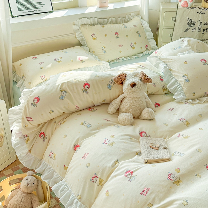 91家纺网 家纺一手货源 找家纺 逸尚阁家纺 2026新款水洗仿棉印花花边四件套-终版 开心甜心群