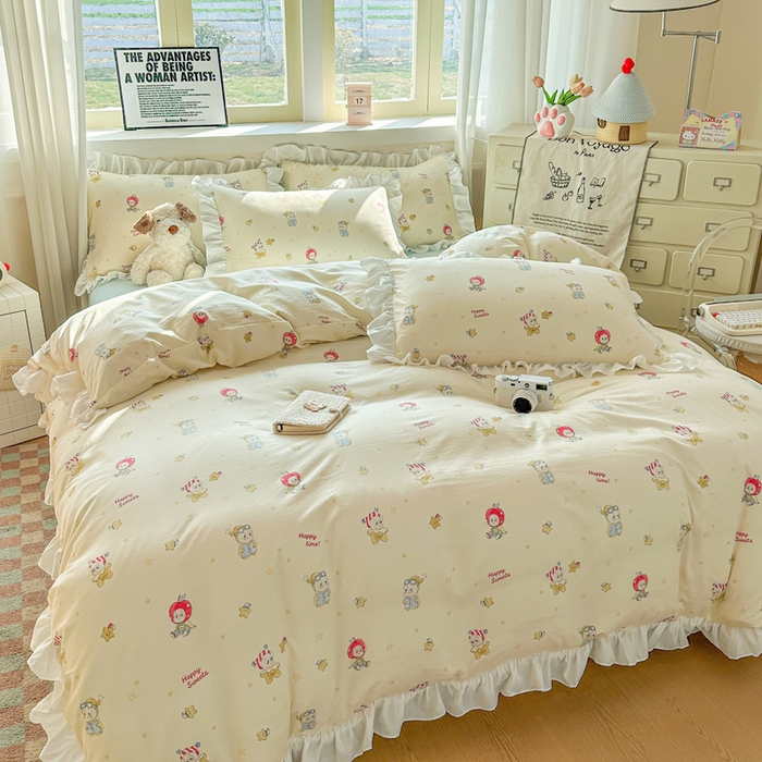 91家纺网 家纺一手货源 找家纺 逸尚阁家纺 2026新款水洗仿棉印花花边四件套-终版 开心甜心群