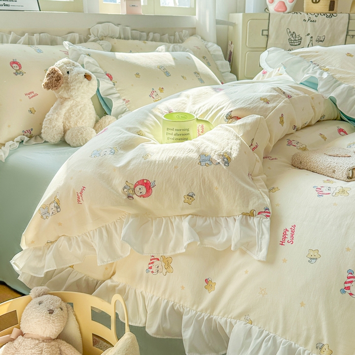 91家纺网 家纺一手货源 找家纺 逸尚阁家纺 2026新款水洗仿棉印花花边四件套-终版 开心甜心群