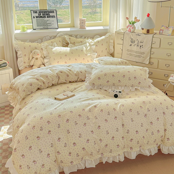 91家纺网 家纺一手货源 找家纺 逸尚阁家纺 2026新款水洗仿棉印花花边四件套-终版 萌萌哒天团