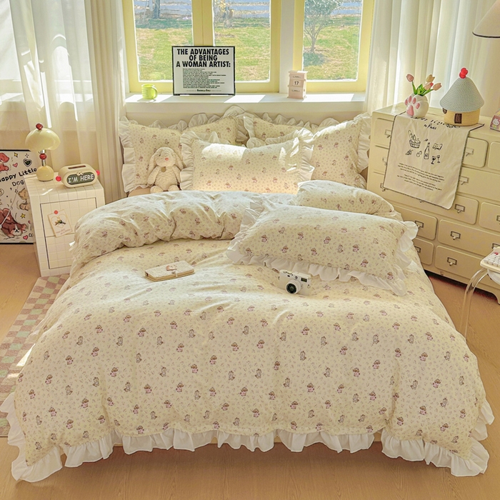 91家纺网 家纺一手货源 找家纺 逸尚阁家纺 2026新款水洗仿棉印花花边四件套-终版 萌萌哒天团