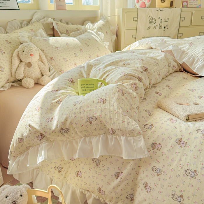 91家纺网 家纺一手货源 找家纺 逸尚阁家纺 2026新款水洗仿棉印花花边四件套-终版 萌萌哒天团