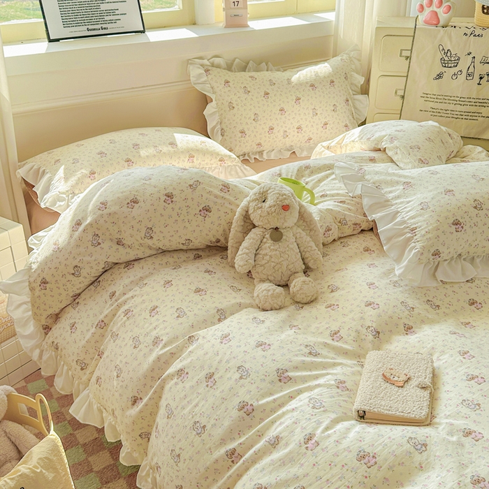 91家纺网 家纺一手货源 找家纺 逸尚阁家纺 2026新款水洗仿棉印花花边四件套-终版 萌萌哒天团