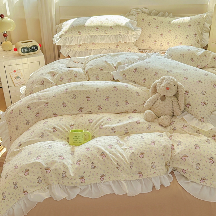 91家纺网 家纺一手货源 找家纺 逸尚阁家纺 2026新款水洗仿棉印花花边四件套-终版 萌萌哒天团