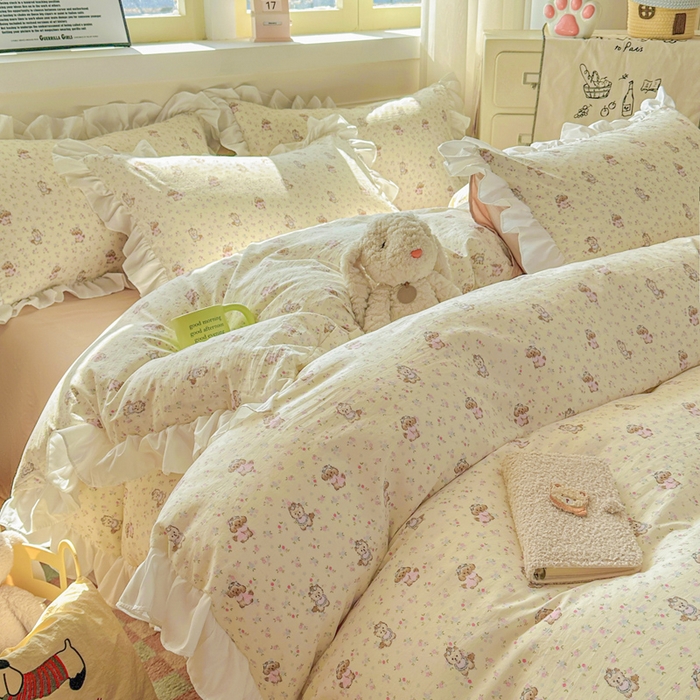 91家纺网 家纺一手货源 找家纺 逸尚阁家纺 2026新款水洗仿棉印花花边四件套-终版 萌萌哒天团