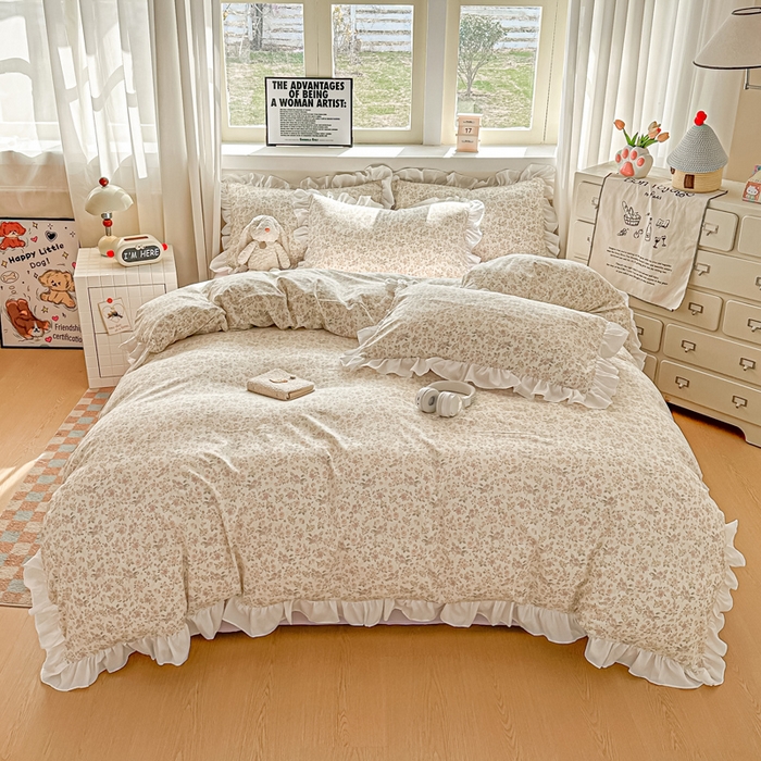 91家纺网 家纺一手货源 找家纺 逸尚阁家纺 2026新款水洗仿棉印花花边四件套-终版 轻轻小细语